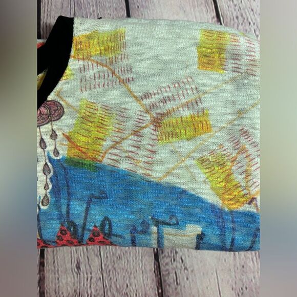 Inoah Lightweight 3/4 Sleeve Knit Scoop Burnout Neck Art to Wear Print Top M - Picture 12 of 12